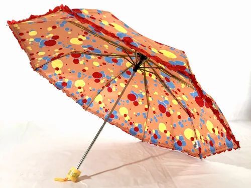 Durable Three Fold Manual Satin Print Frill Umbrella - Polyester Material, Multicolor Design | Plastic Handle, Metal Shaft, Ideal for Rain and Sun