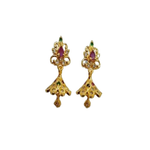 Cz Jhumka Earrings - Brass Material, Round Shape , Multicolor Design for Anniversary, Engagement, Wedding