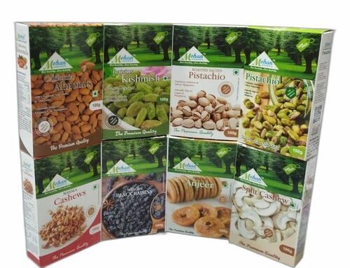 Dry Fruit Packaging Box - Fully Recycled Paper, Rectangular Shape, Multi Color, Laminated Coating, Food Grade Material, 115/125 GSM