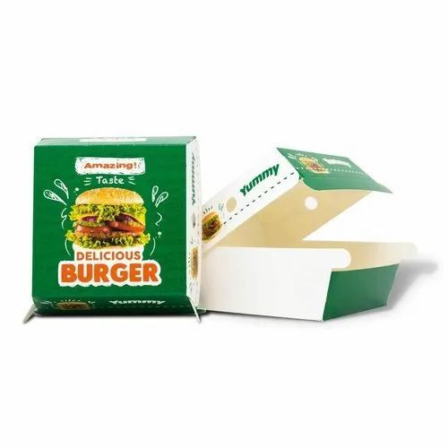 Burger Packaging Box - Kraft Paper, 140X190X90 mm , Rectangular Shape, Multi Color Printed Design, One Compartment