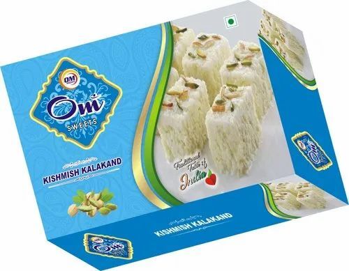 Kishmish Kalakand Kraft Paper Sweet Packaging Box - Paper, 500 Gram Storage Capacity, Printed Design | Square Shape, Food Packaging Boxes