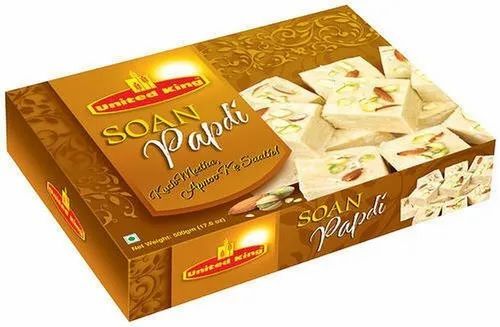 Soan Papdi Kraft Paper Packaging Box - Paper Material, 500 Gram Storage Capacity, Square Shape - Printed Design for Food Industrial Use