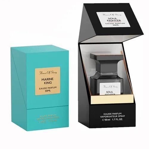 Perfume Packaging Box - 200-270 GSM Kraft Paper, Rectangle Window Patch Design, Multi Color, Gloss Varnish, Biodegradable with Embossing Finish