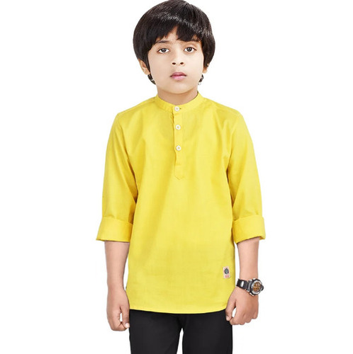Junior Kurta Shirts - Cotton Batik Customized Sizes Yellow | Lightweight Breathable Anti-UV Full Sleeves Plain Design