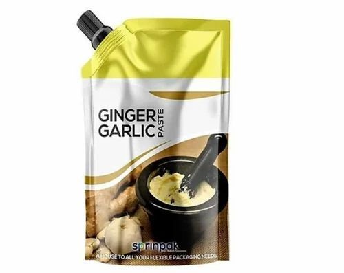 Ginger Garlic Paste Packaging Pouch - PET Material, Glossy Finish, Multi Layer Lamination, Multi Color, Printed Laminated Spout Pouch | Rotogravure Print Type