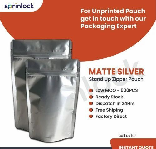 Silver Stand Up Zipper Pouch - Polyester Material, Multi Layer Lamination, Matte Finish | Plain Pattern, Rotogravure Printing Technique