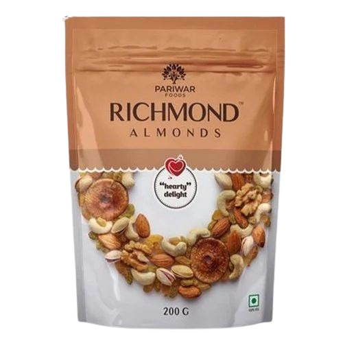 Almond Packaging Pouch - PET (Polyester) Material, 8*12 Inches, Multi Color | Glossy Finish, Rotogravure Printing, Heat Sealed Closure
