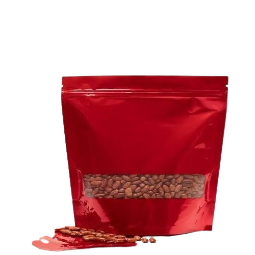 Standup Zipper Pouch - PET (Polyester) Material, Double Layer Lamination, Red Color | Heat Sealed Closure, Rotogravure Printed Design