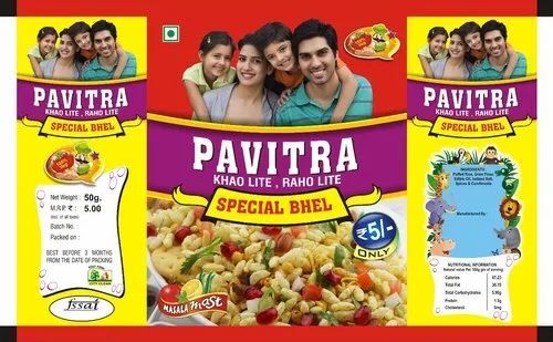 Bhel Snack Packaging Pouch - Plastic Material, Multi Color Design | Ideal for Bhel Snack Storage and Presentation