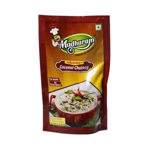 Coconut Chutney Packaging Pouch - LDPE Material, 8*12 Inches, Multi Color | Zipper Closure, Glossy Surface, Printed Laminated Design, Rotogravure Technique