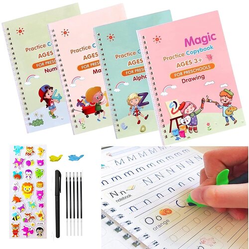 Kids Practice Book - Soft Cover, A4 Size, Spiral Bound | 3d Print, Thick Art Paper, Cartoon Illustrations, Tear-resistant, Reusable For Writing & Tracing