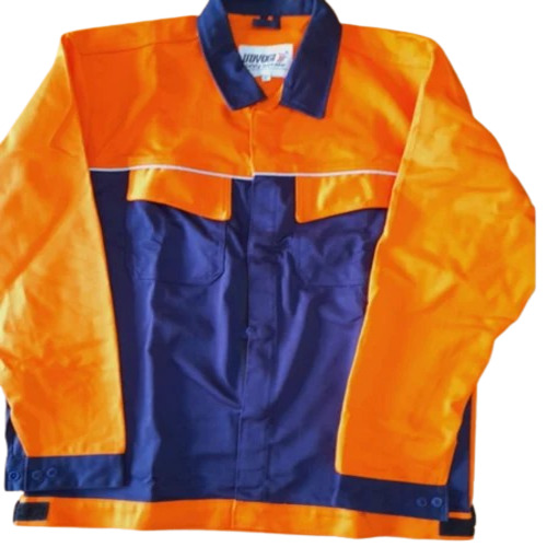 Polyester Safety Jacket - Medium Size, Orange and Navy Blue, Full Sleeves | Good Quality Material, Unisex Design, Customizable Fit