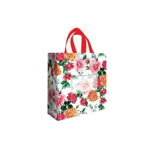 Flower Printed Loop Handle Shopping Bags - Multicolor, 12x15 inches | Eco-Friendly, Moisture Proof, Rope Handle, Max Load 6 Kilograms