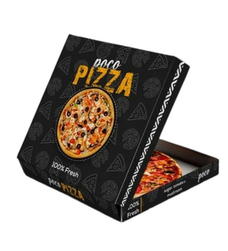 Printed Pizza Packaging Box - Corrugated Paper Board, Single Wall 3 Ply, Multi Color Silkscreen Printed, Large Square Design, 150 GSM