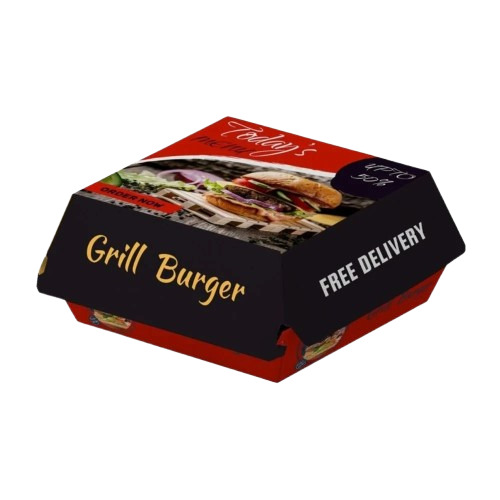 Burger Packaging Box - Paper Material, Multi Color Printed Design | Ideal for Quick Service Restaurants and Food Trucks