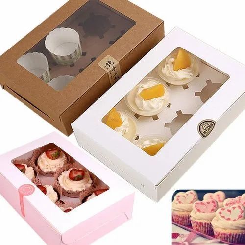 Cupcake Packaging Box - Paper Material, 3.25 X 3.25 X 3.75 Inch Dimensions, Multi Color Design | Square Shape, Ideal for Sweet Treats Packaging