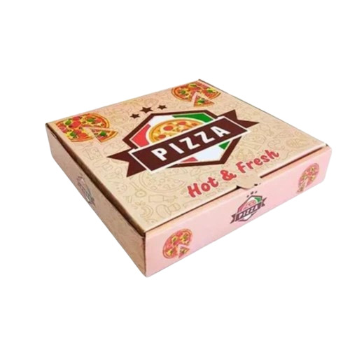 Printed Pizza Boxes - Single Wall 3 Ply, Rectangular Shape, Brown Color, Biodegradable Property, Matte Finish with Embossed Surface Coating