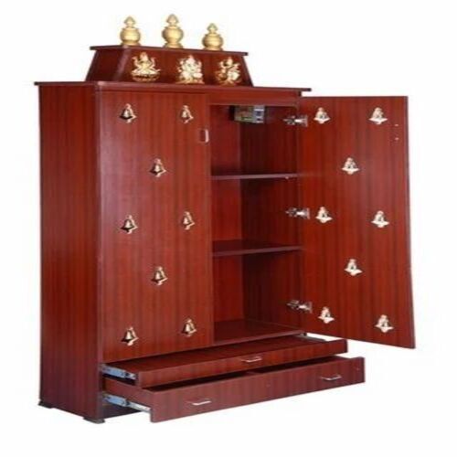 Pvc Pooja Cupboard - Wood 8 Feet Height Brown and White 4 Shelves Hinged Door Floor Mount PVC Handle 8mm Thickness