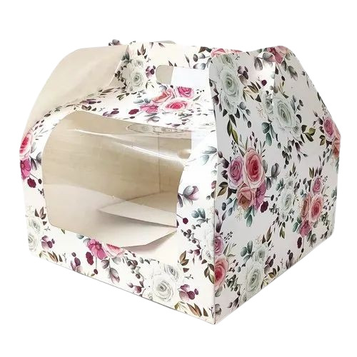 Handle Cake Box - Paper, 8.5x8.5x4 Inches, Multi Color | 360gsm Printed Design for Eye-Catching Cake Presentation