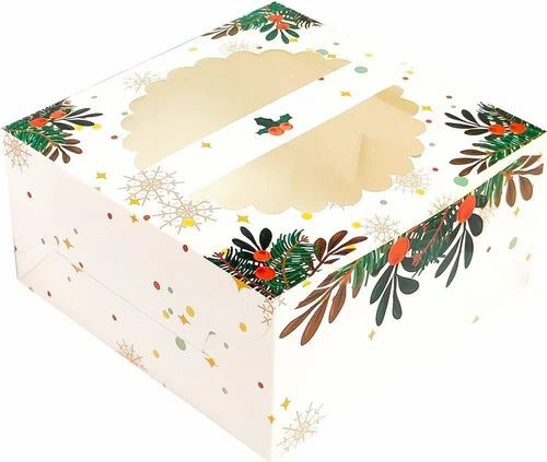 Cake Packaging Box - Paper, Square Shape, Multi Color Printed Design | Featuring Window for Easy Viewing