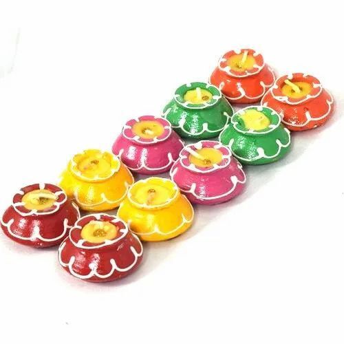 Diwali Terracotta Diya - Medium Size, Multicolor, Round Shape | Set of 10, Polished Surface Finish, Fancy Decorative Terracotta Art