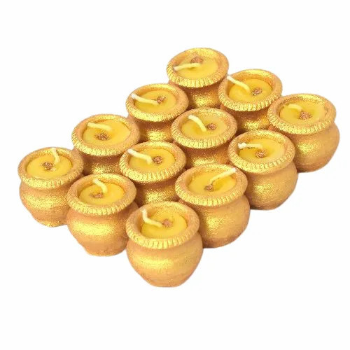 Golden Terracotta Matki Diya - Round Medium Size, Multicolor Polished Finish | Set of 12 Fancy Decorative Diyas, Traditional Terracotta Material