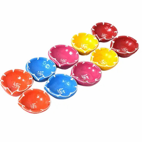 Multicolor Diwali Terracotta Diya - Terracotta, Medium Size, Round Shape | Set of 10, Polished Finish, Fancy Decoration for Festive Occasions