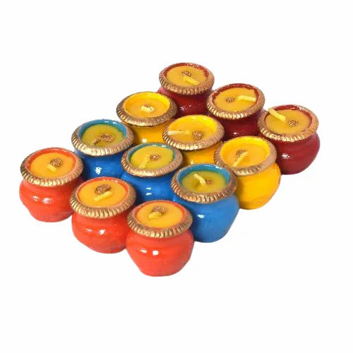 Terracotta Matki Diya - Medium Size, Multicolor, Round Shape, Polished Finish | Set of 12 Fancy Decoration Items in New Condition
