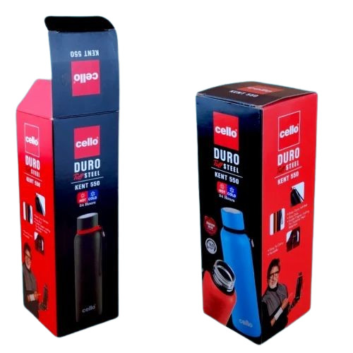 Water Bottle Packaging Box - Virgin Kraft Paper, 13 x 3.5 x 3.5 Inches, Multi Color, Gloss Varnish, Biodegradable & Moisture Proof with Foil Stamping & Embossing