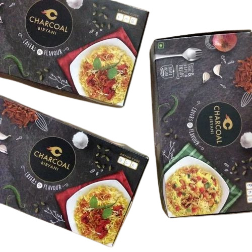 Biryani Packaging Box - Cardboard, 140x190x90 mm, Multi Color | Rectangular Shape, Printed Design, 320 Grammage