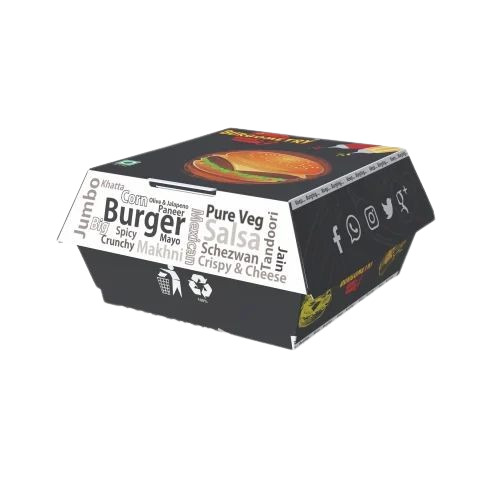 Burger Packaging Box - 500 gm Capacity, 140x190x90 mm Size, Multicolour Printed Paper, Square Shape, One Compartment Design