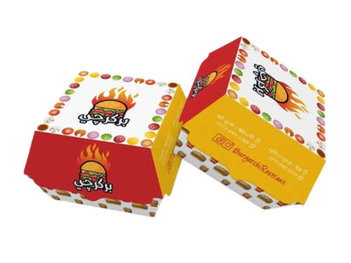 Burger Packaging Box - Multi Color, Bleached Kraft Paperboard, Square Shape, Lock Bottom Design | Disposable, Food Grade, Gloss Varnish Finish