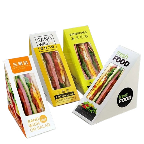 Sandwich Packaging Boxes - Triangle Shape, Bleached Kraft Paperboard, 270-350 Gsm | Multi Color, Food Grade, Disposable, Window Patch Design