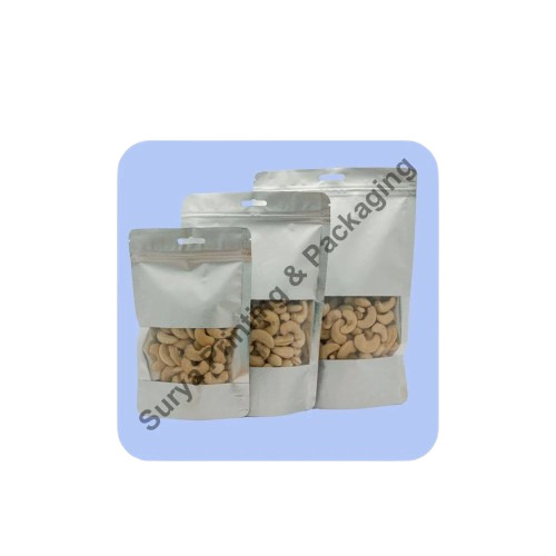 Cashew Nut Packaging Pouch - PET (Polyester) Material, 12x18 Inches Size, White Color | Stand Up Pouch with Zipper Closure, Matte Finish, Rotogravure Printing