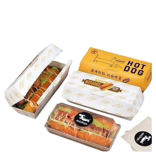 Hot Dog Packaging Boxes - Paper Material, Multi Color Printed Design | Ideal for Food Service and Catering Applications