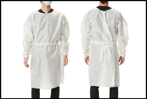 Disposable Gown - 40 GSM Non Woven Polypropylene, White Color, Tie on Belt & Velcro Closure, Breathable Fabric, Knitted Cuffs for Comfort