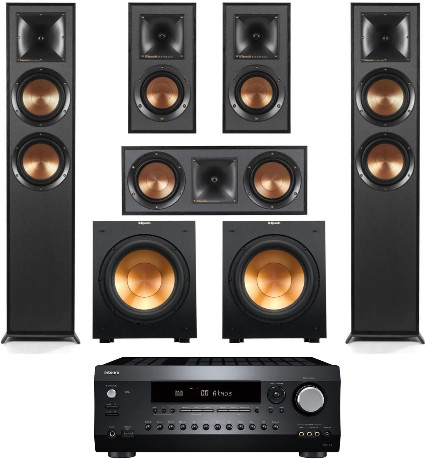 Klipsch Reference 5.2 Home Theater System, Bundle with 2X R-625FA Floorstanding Speaker, 2X R-12SW Subwoofer, R-52C Center Channel, R-41M Bookshelf Speaker Pair, 7.2-Channel Receiver, Black