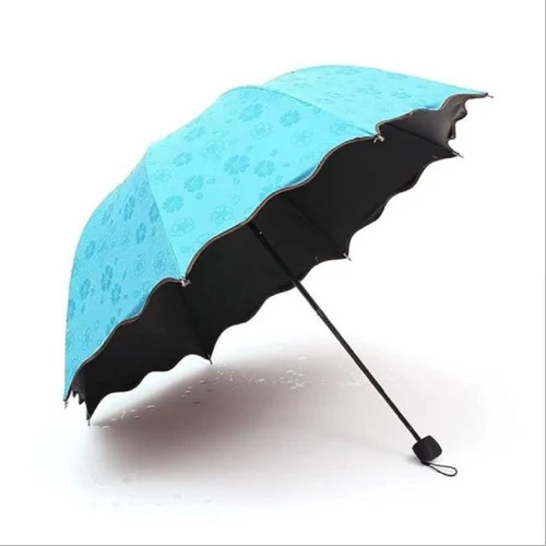 Sky Blue Printed PVC Umbrella - Nylon Material, 3 Fold, Auto Open Button | Aluminium Shaft, Raining Summer Use