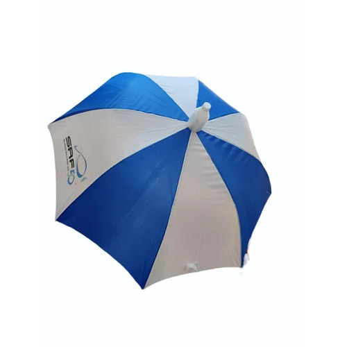 White Polyester Promotional Umbrella - Polyester, White and Blue, 1 Fold, Auto Open Button | Aluminium Shaft, Logo Printed