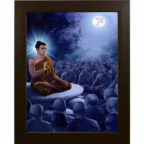 Lord Buddha Wall Painting - Printed Paper, 9x12 Inches, Brown Frame | Polished, Square, Indian Style, Flower Subject
