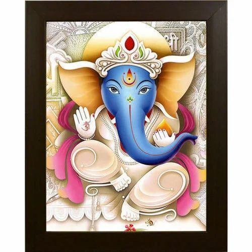 Lord Ganesha Wall Painting - Printed Paper, 9x12 Inches, Brown Frame | Indian Style, Square Polished Frame, Horses