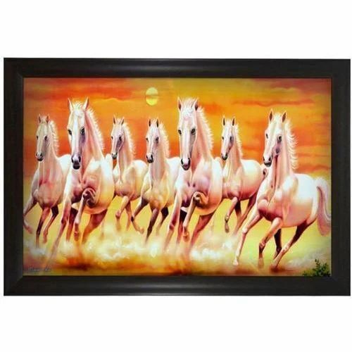 Running Horses Wall Painting - Polished Printed Paper, 9x12 Inch, Brown Framed | Indian Style Square Frame
