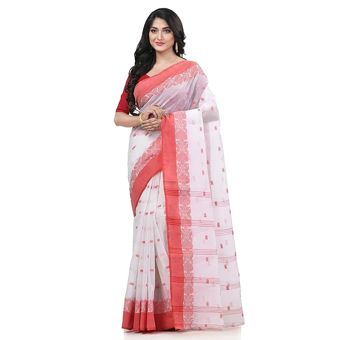 Womens Traditional Bengal Handloom Cotton Saree With Blouse Piece - Color: White & Red