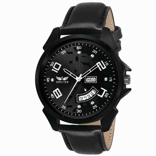 Men Wrist Watches - Black Leather, Round Analog Dial, Water Resistant | Casual Wear, 6 Months Warranty