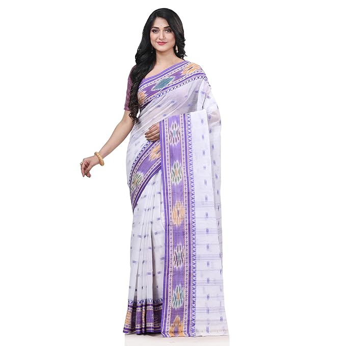 Womens Bengal Tant Handloom Pure Cotton Saree Kotki Design With Blouse Piece - Color: Multicolor