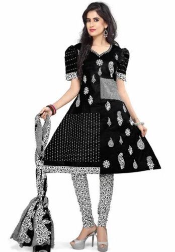 Pure Cotton Salwar Suit - Lightweight Breathable Cotton, Customized Size, Black | Printed Design, Half Sleeve, Casual Summer