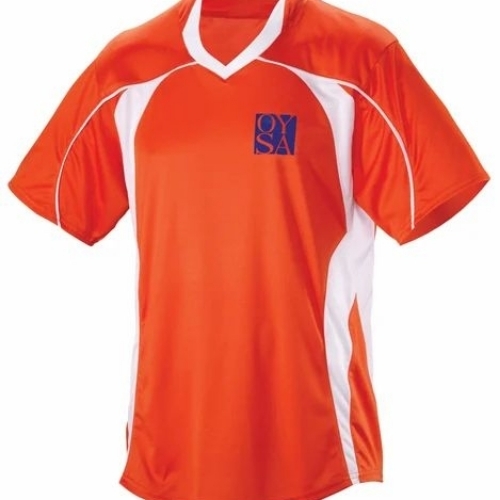 Rv Oswal Soccer T Shirt - Lightweight Quick Dry Orange V-Neck, Short Sleeves, Customized Sizes | Breathable Durable Team Wear