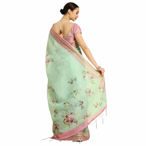 Lime Green And Purple Printed Bhagalpuri Saree