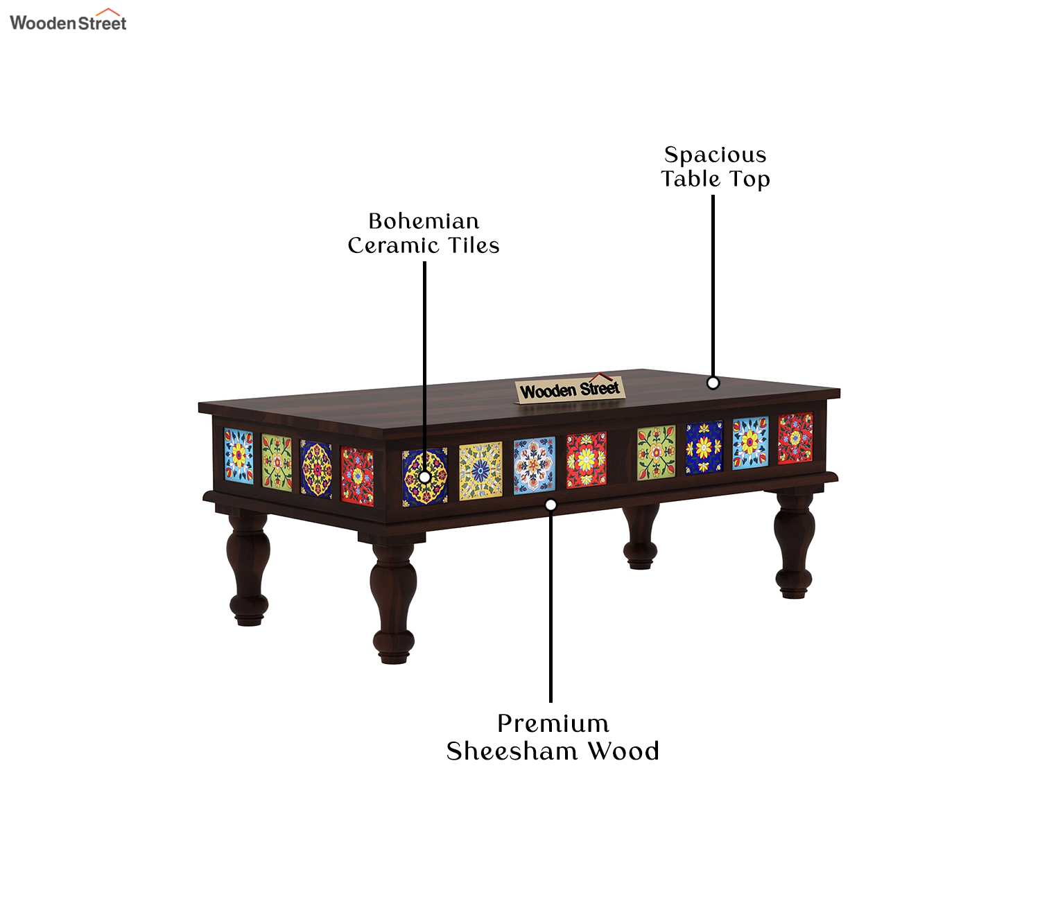 Boho Sheesham Wood Coffee Table with Ceramic Tiles