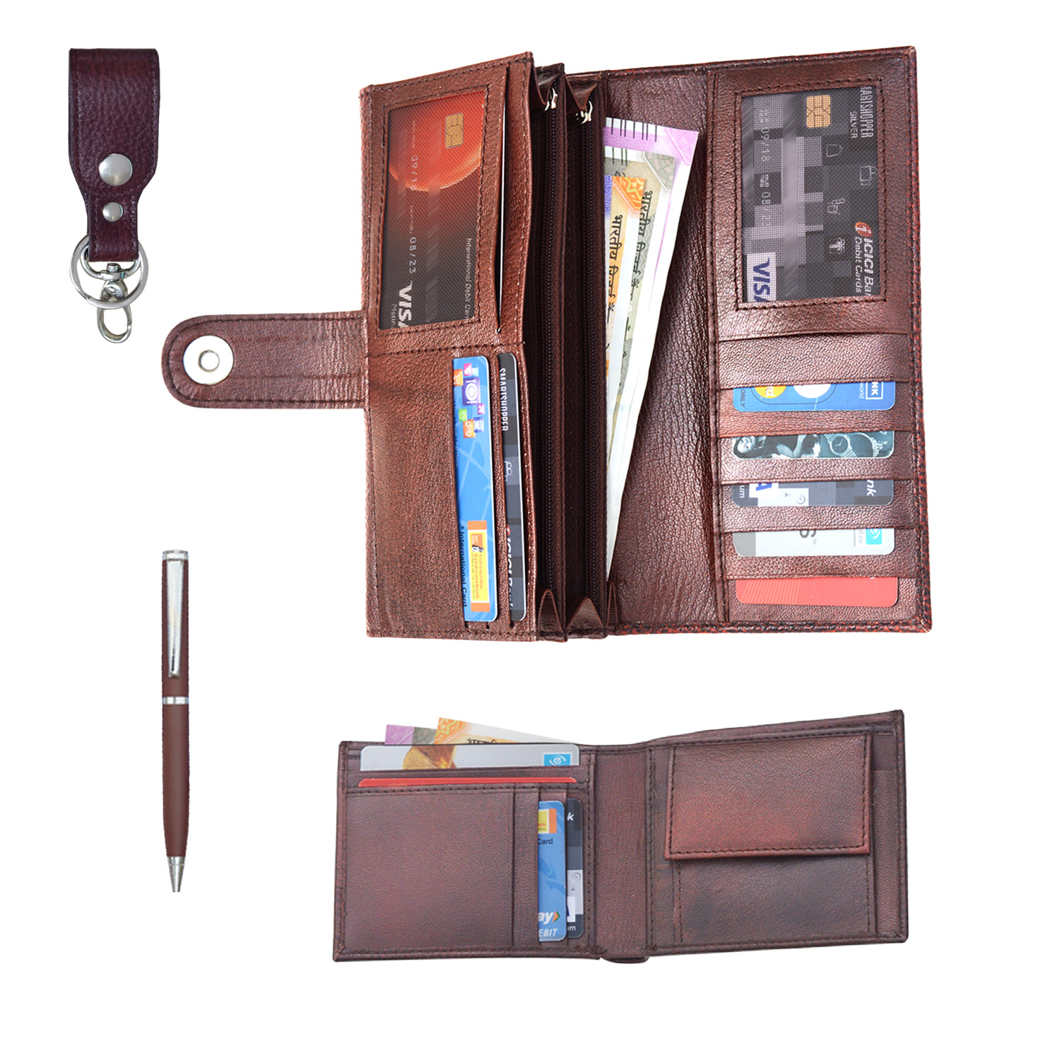 4-In-1 Combo Of Female Wallet Male Wallet Key Ring And Metal Body Ball Point Pen